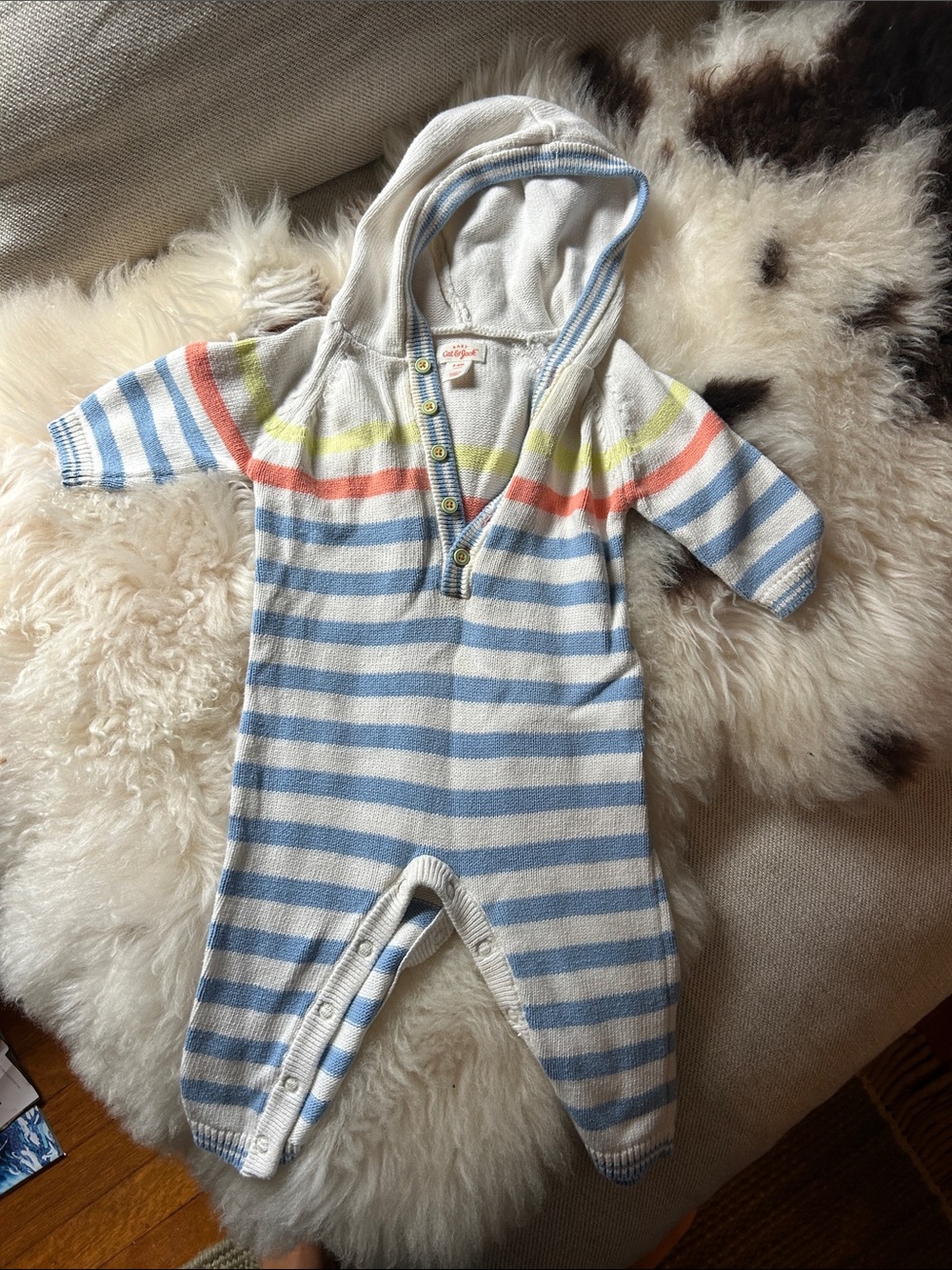 Striped Hooded Knit One-Piece - Blue & White with Pastel Stripes